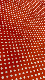 Red white polka dot fabric with 4-way stretch, 150cm width, ideal for clothing and crafts