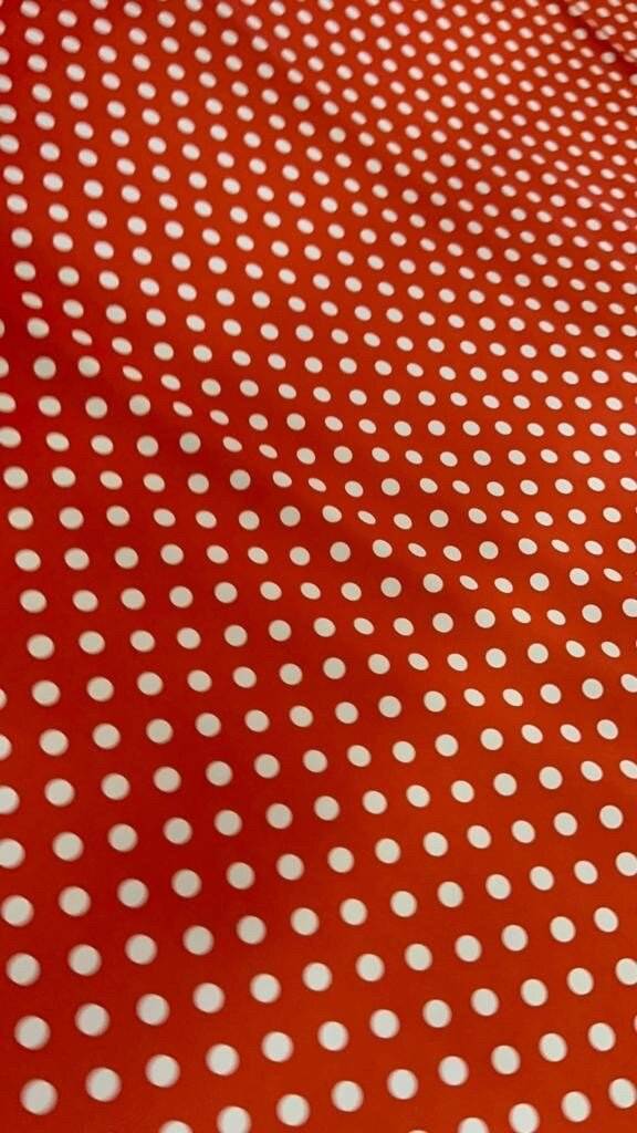 Red white polka dot fabric with 4-way stretch, 150cm width, ideal for clothing and crafts