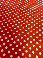 Red white polka dot fabric with 4-way stretch, suitable for clothing and crafts, width 150cm