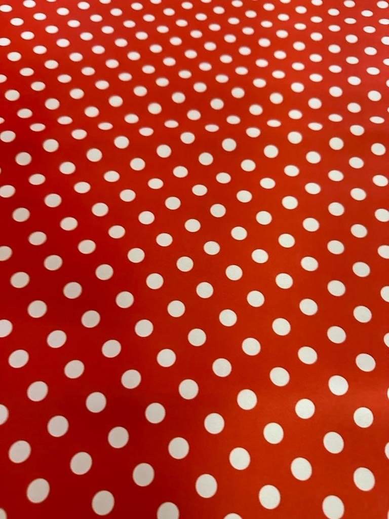 Red white polka dot fabric with 4-way stretch, suitable for clothing and crafts, width 150cm