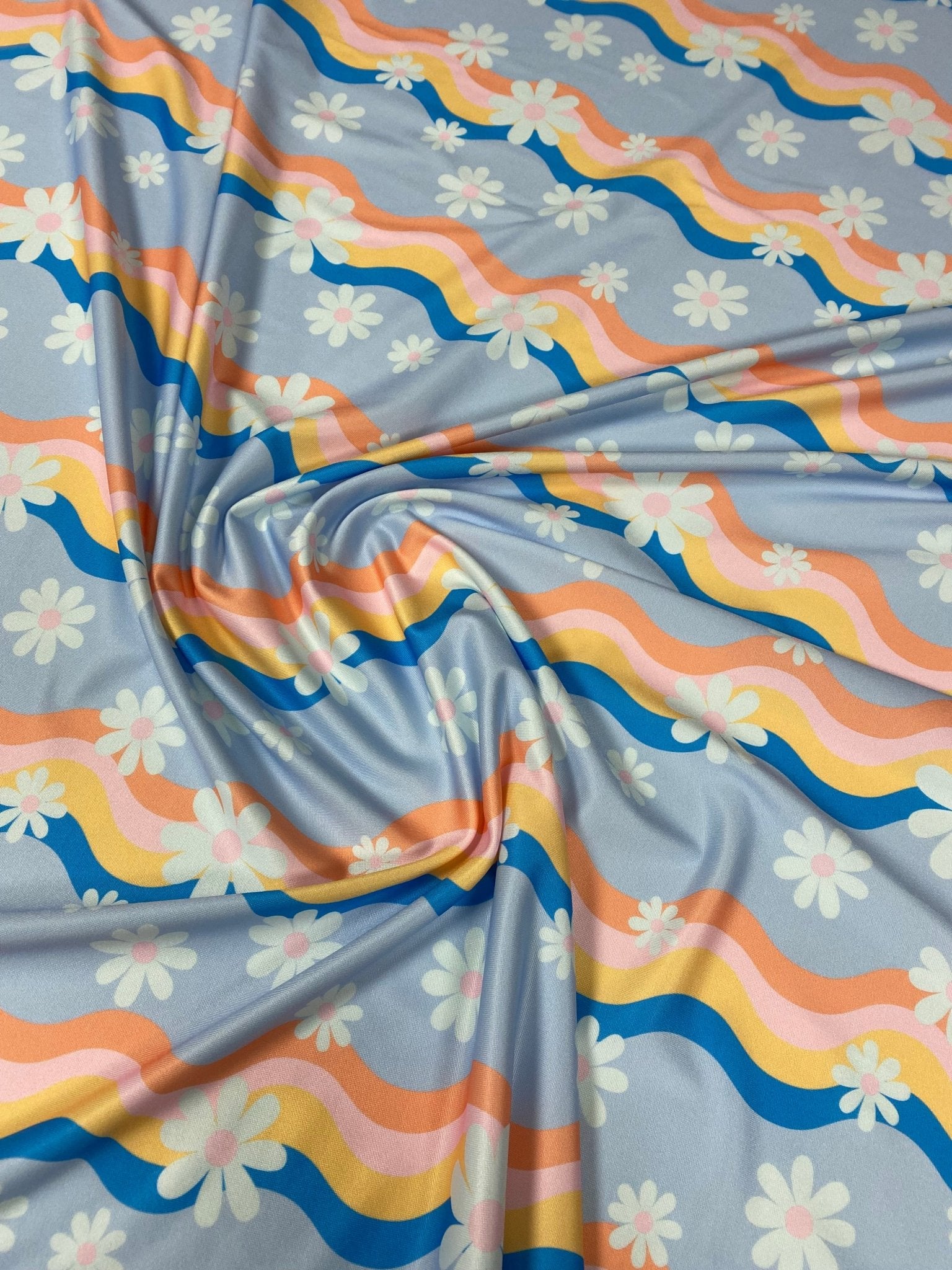 Retro Wave Daisy Print Fabric – Floral Pattern by Metre - Whotex Fabrics London