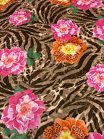 Rose leopard baroque fabric with floral and animal print pattern in pink, orange, and brown tones, 150cm wide.