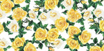 Yellow floral rose pattern fabric with green leaves on white background, ideal for sewing and crafting projects, fabric width 150cm.