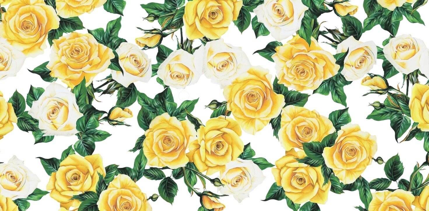 Yellow floral rose pattern fabric with green leaves on white background, ideal for sewing and crafting projects, fabric width 150cm.