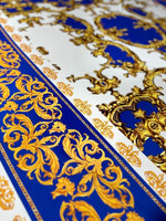 Royal blue baroque pattern fabric with gold ornate design for upholstery and home decor