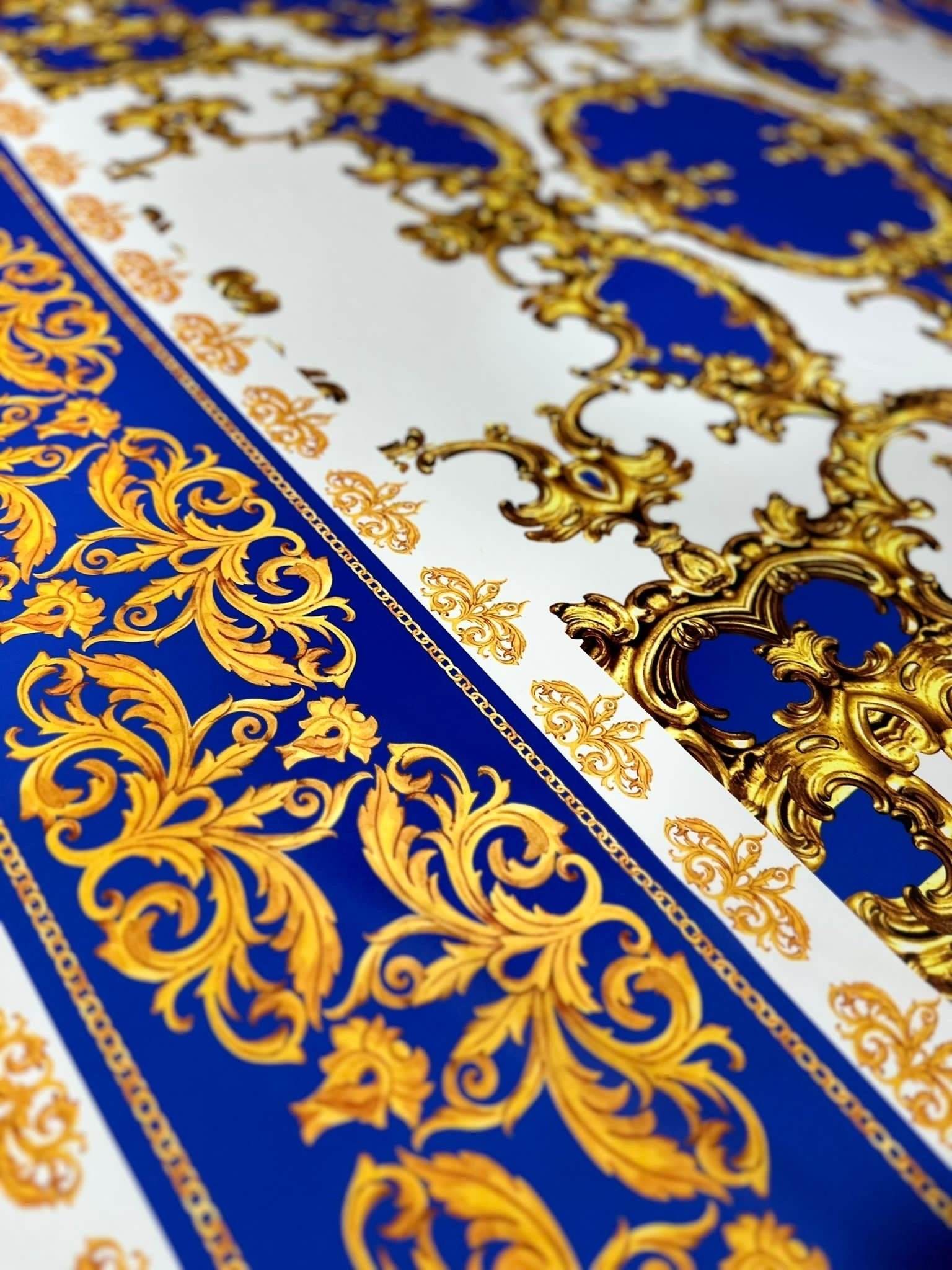 Royal blue baroque pattern fabric with gold ornate design for upholstery and home decor