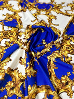 royal blue baroque pattern fabric with gold ornate design textile for upholstery and drapes