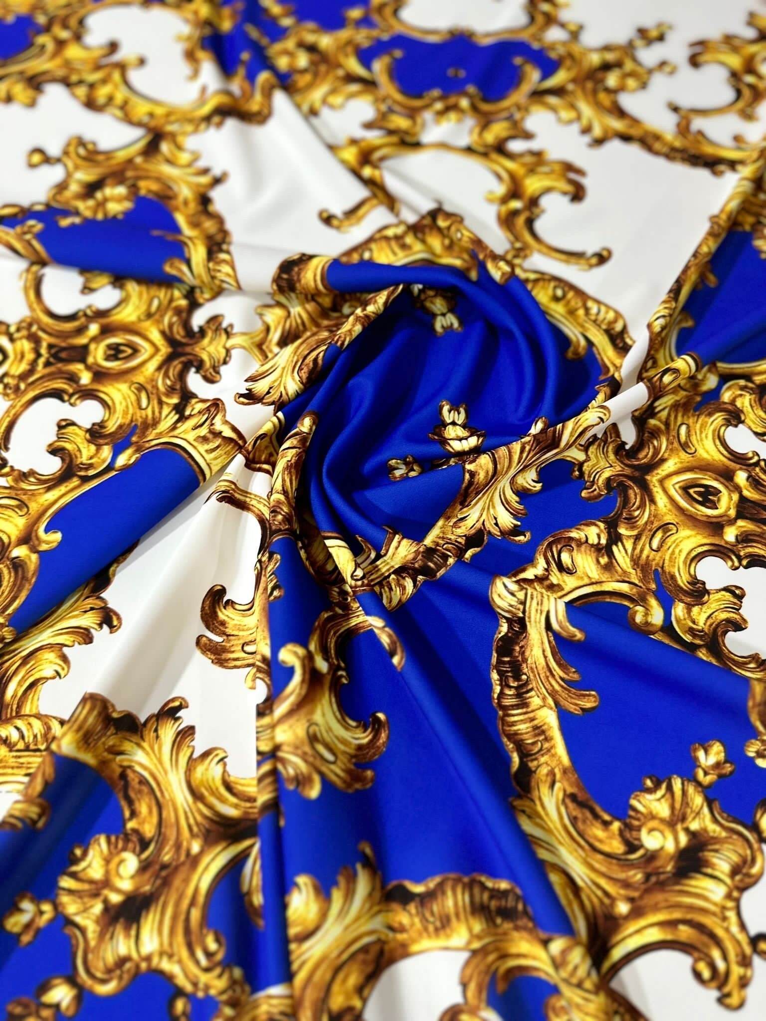 royal blue baroque pattern fabric with gold ornate design textile for upholstery and drapes