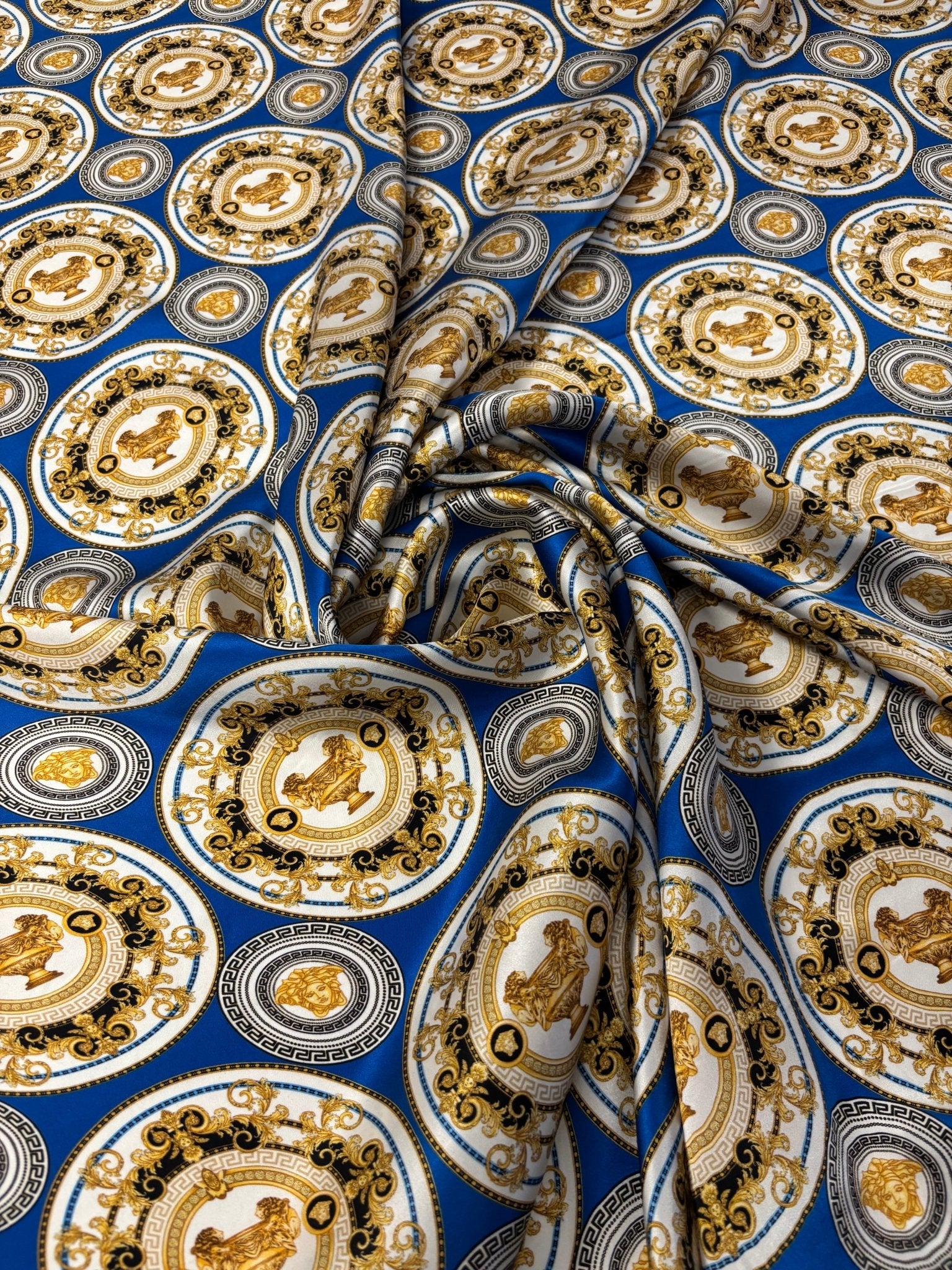 Royal Blue & Gold Chiffon Satin Fabric by the Metre – Baroque Medallion - Whotex Online Fabric Store