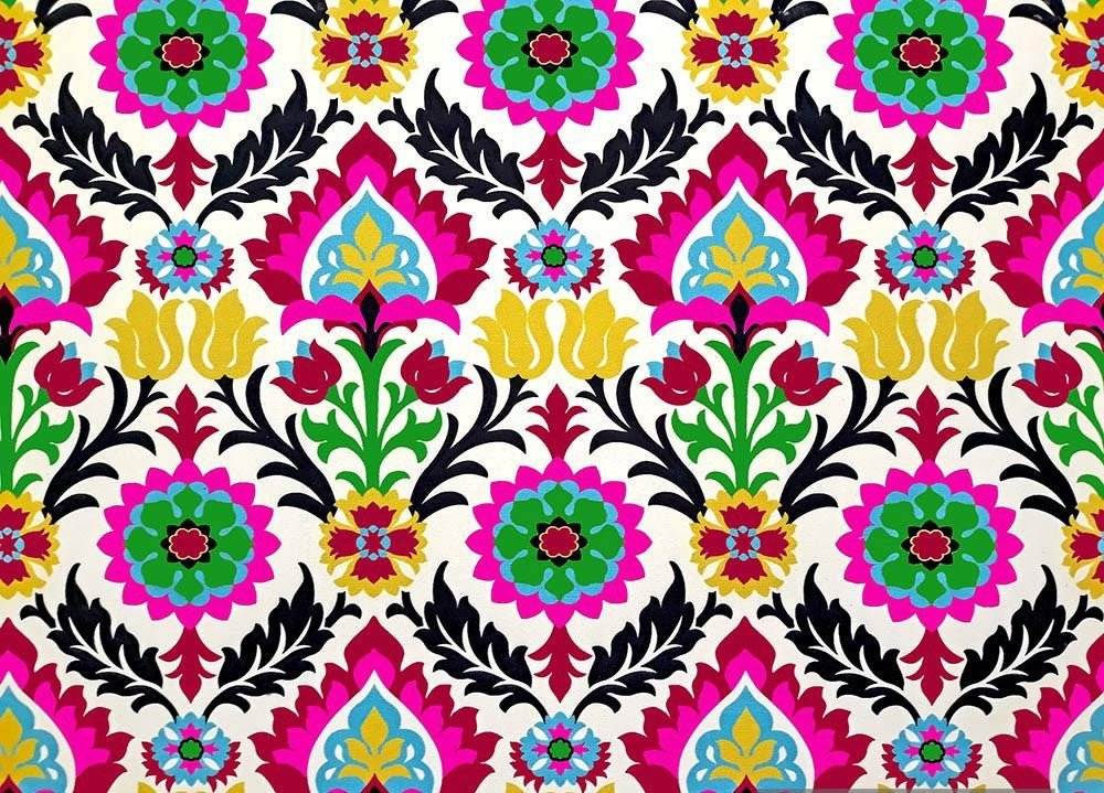 Colorful Santa Maria Outdoor Upholstery Fabric with vibrant floral and leaf patterns on a white background, ideal for curtains and pillows.