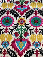 Santa Maria Outdoor Upholstery Fabric with colorful floral and leaf pattern, suitable for curtains, pillows, and bags.