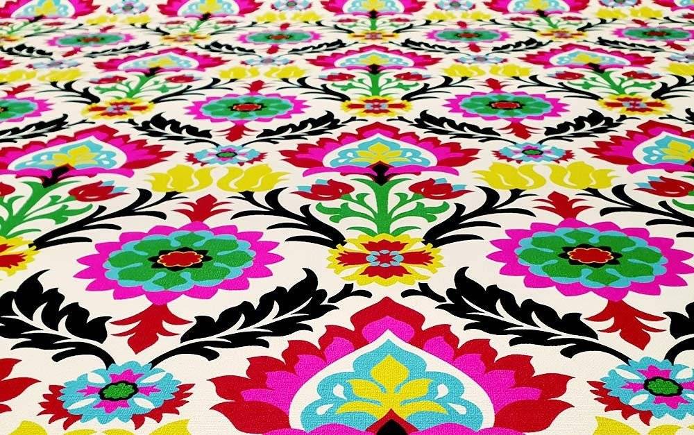 Brightly patterned Santa Maria outdoor upholstery fabric with floral and geometric designs in vibrant colors