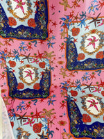 Coastal Sea Shell Fabric with pink background featuring starfish, seashells, and marine-themed decorative patterns for sewing and crafts