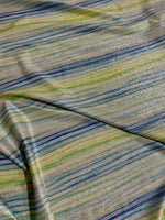 striped shimmer lurex fabric with blue and green horizontal stripes and metallic sheen texture