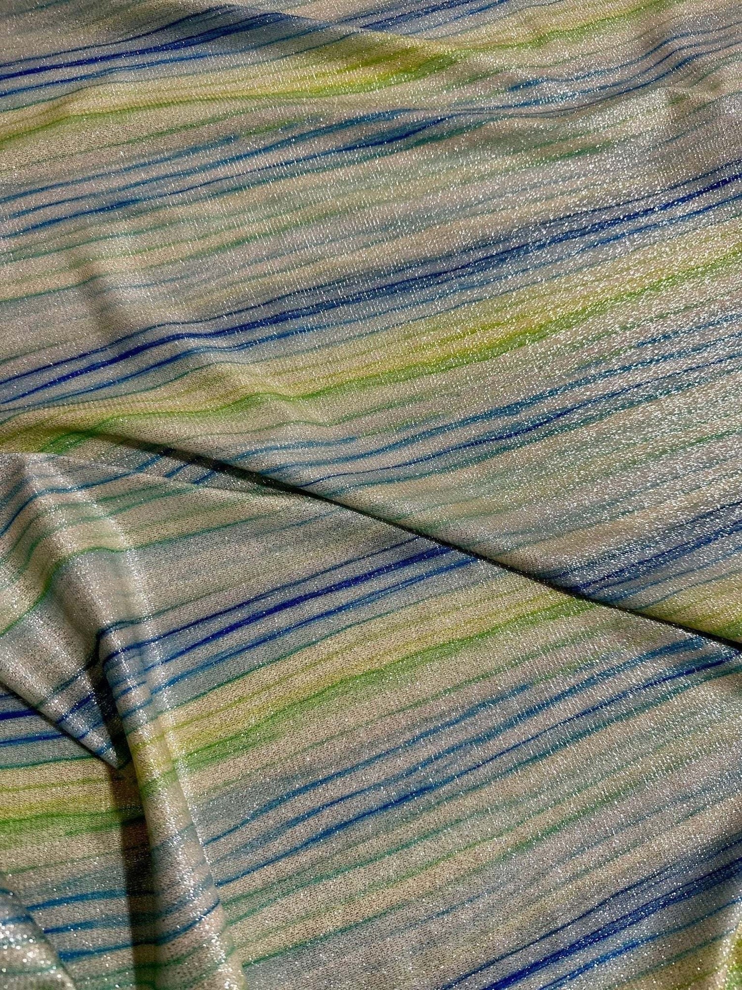 striped shimmer lurex fabric with blue and green horizontal stripes and metallic sheen texture