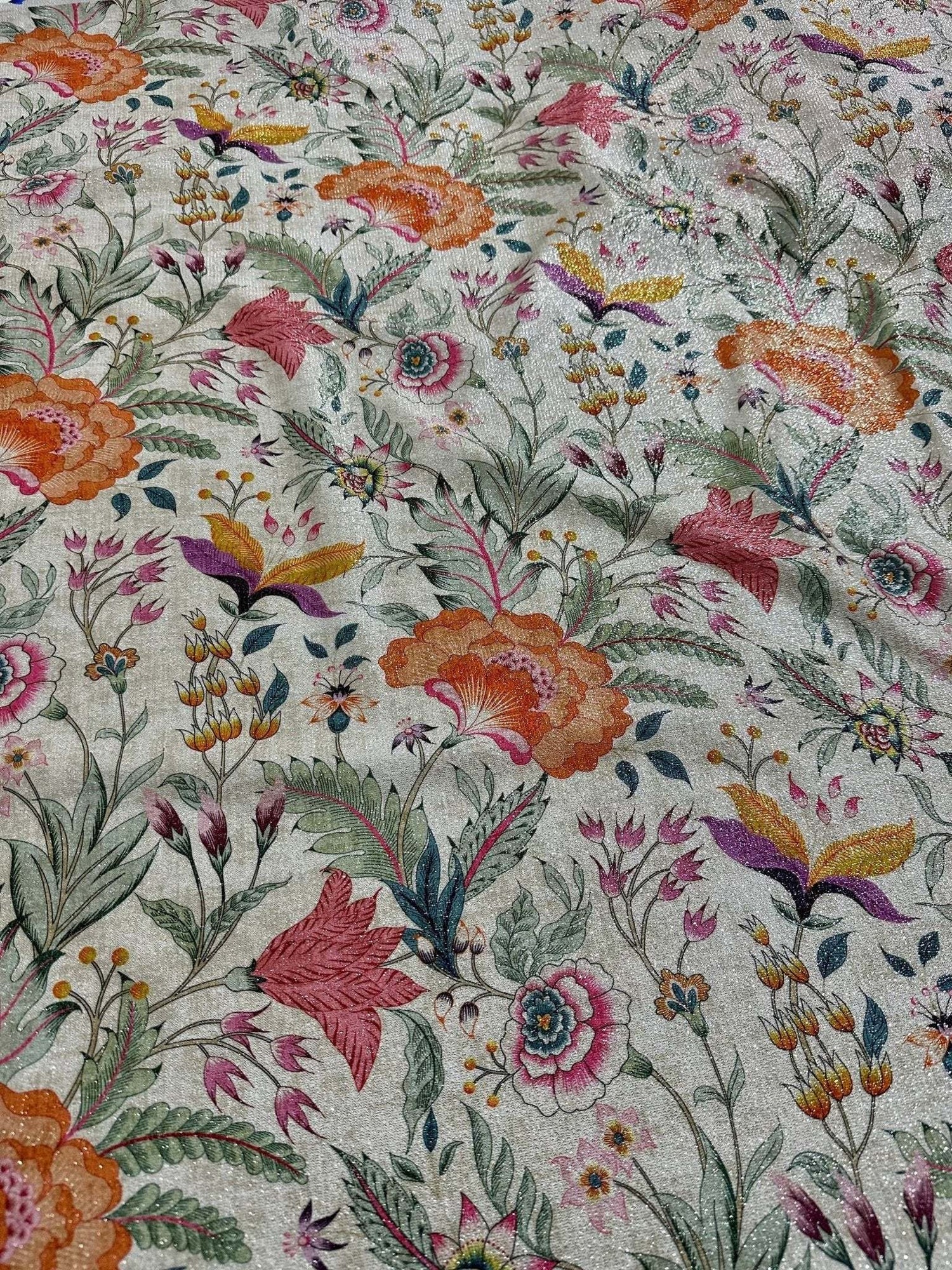 Vintage floral shimmer lurex fabric with multicolor flowers and leaves on a sparkling background