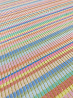Soft Color Striped Shimmer Ottoman Fabric with pastel stripes and gold shimmer threads, 4-way stretch textile for activewear and costumes