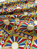 Sicilian Caretto Upholstery Fabric with vibrant colorful geometric and floral patterns, durable decorative textile for home decor and furniture upholstery