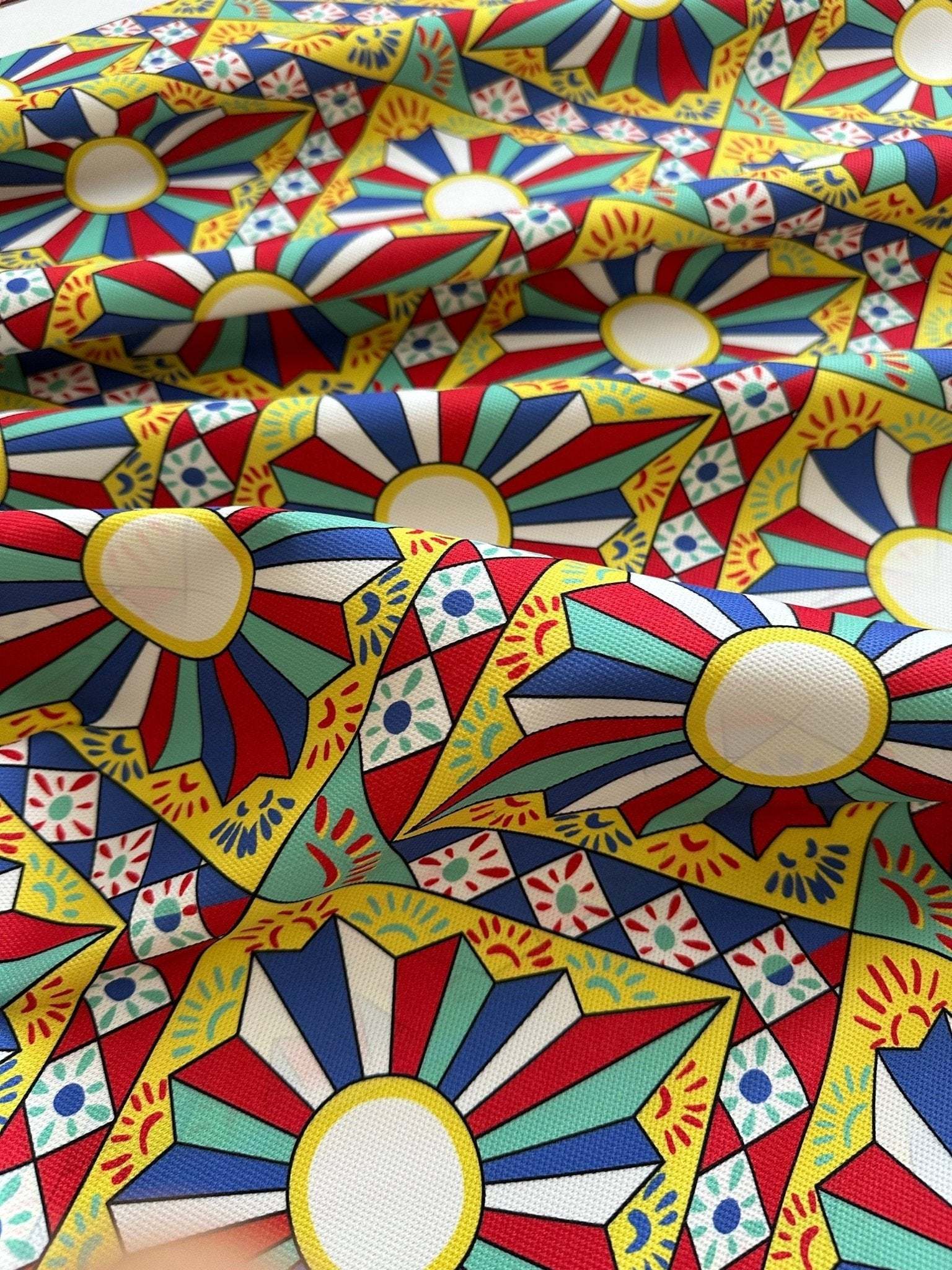 Sicilian Caretto Upholstery Fabric with vibrant colorful geometric and floral patterns, durable decorative textile for home decor and furniture upholstery