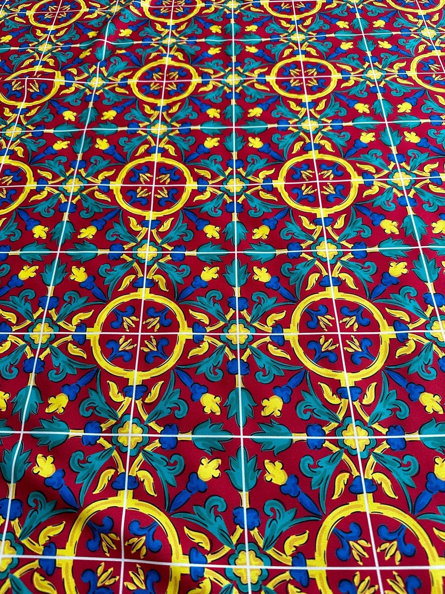 Sicilian Pattern Bordeaux Fabric with intricate yellow, blue, and green floral and geometric designs on a rich bordeaux background