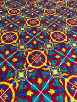 Sicilian Pattern Bordeaux Fabric with intricate yellow and blue floral motifs on rich bordeaux background, 150cm wide textile for upholstery and decor