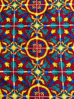 Sicilian Pattern Bordeaux fabric featuring intricate yellow, blue, and green floral and geometric designs on a rich bordeaux background.