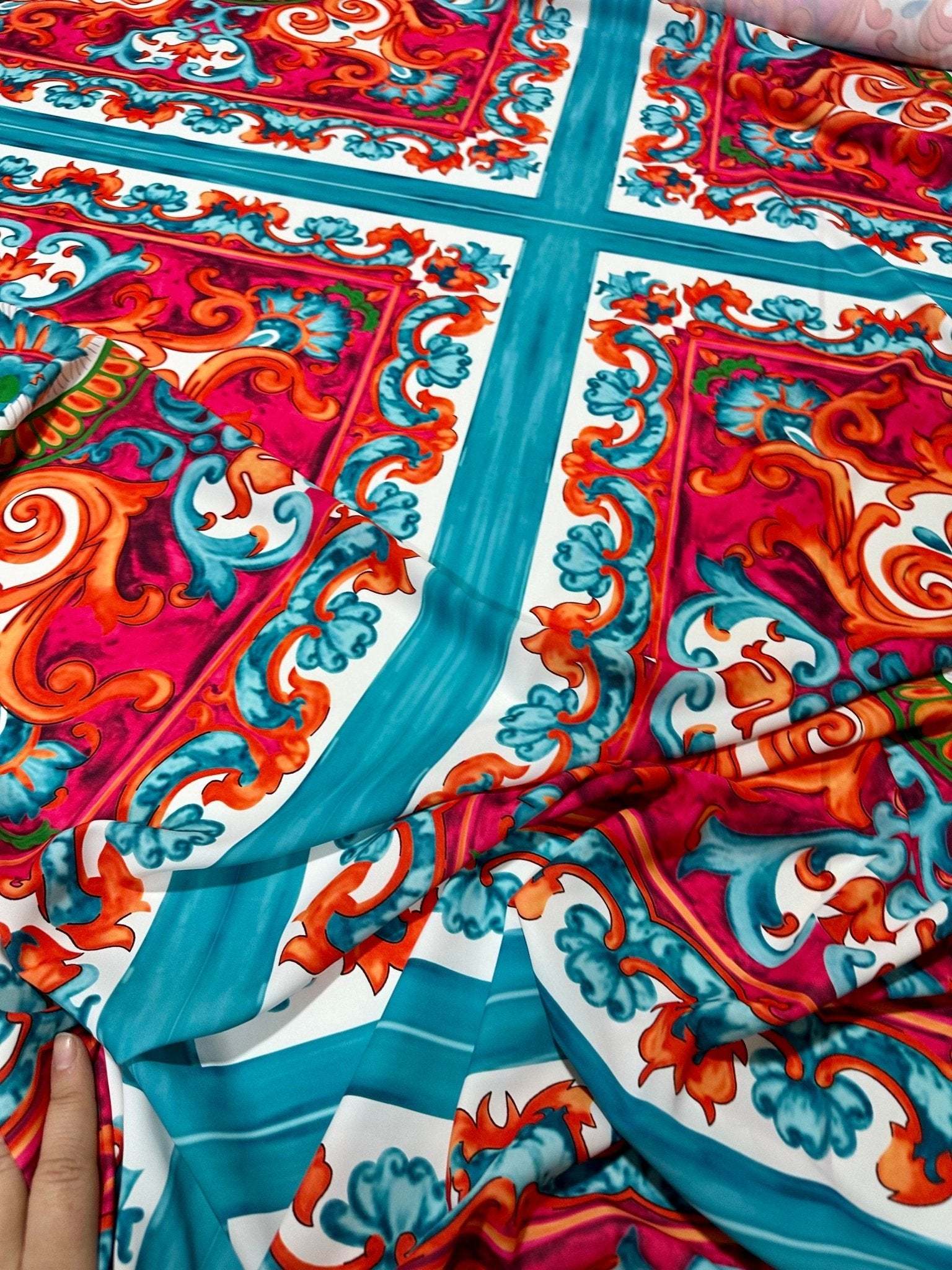 Vibrant Sicilian Caretto Pattern Fabric with colorful Italian design ideal for upholstery and crafts, 150cm width