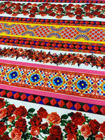 Colorful Sicilian floral fabric with vibrant floral and geometric patterns, perfect for upholstery and home décor projects