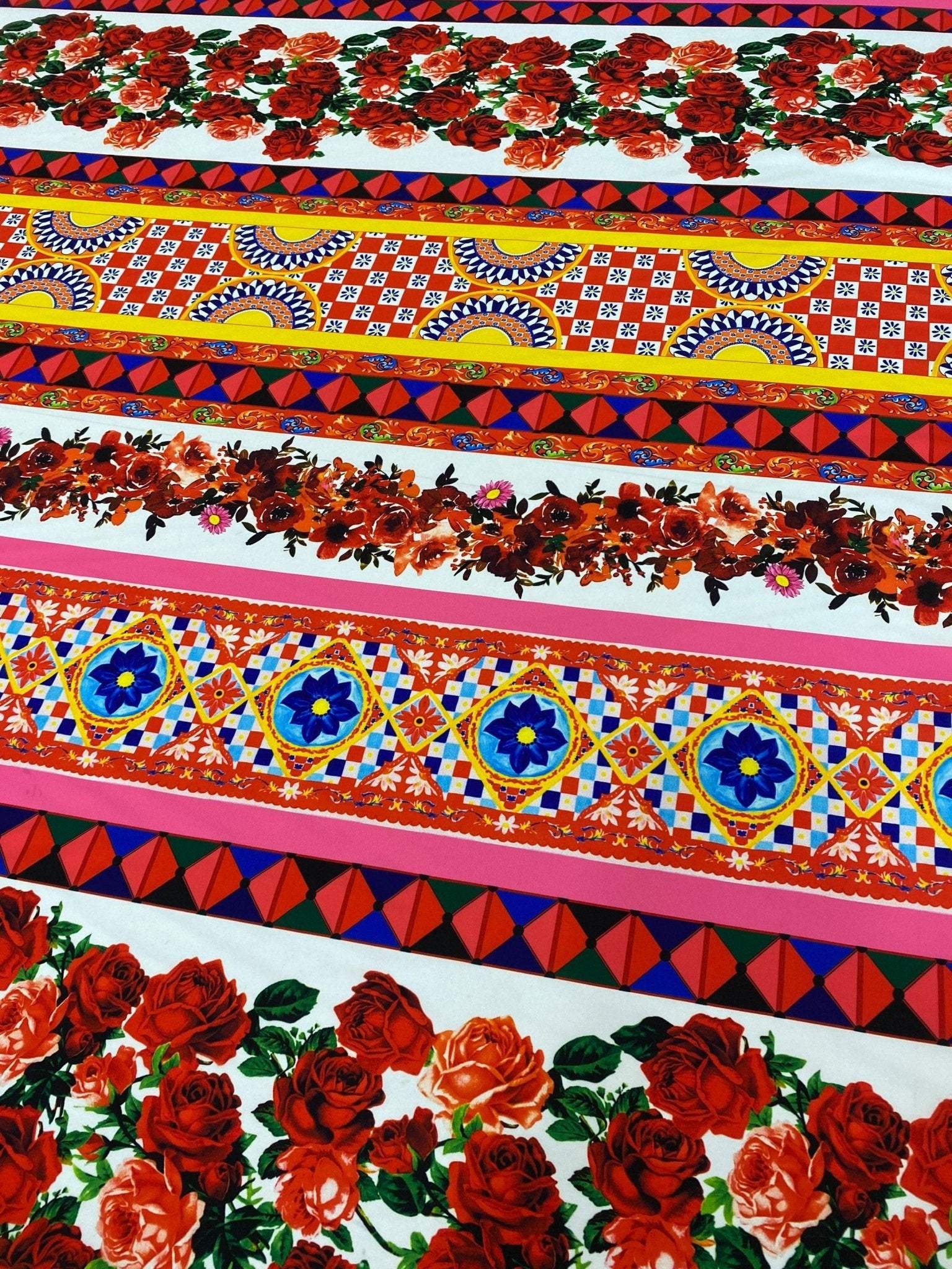 Colorful Sicilian floral fabric with vibrant floral and geometric patterns, perfect for upholstery and home décor projects