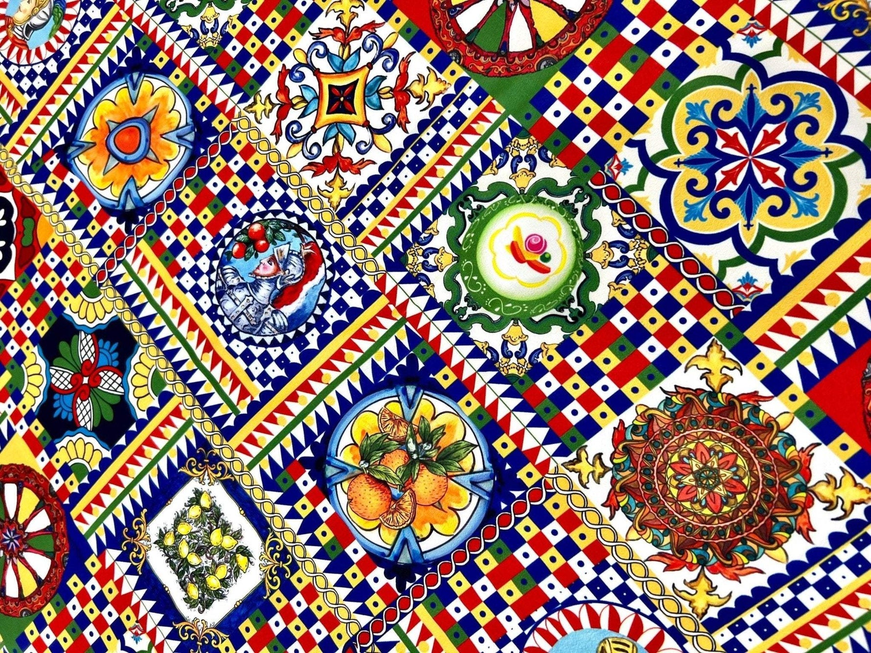 Colorful Sicilian pattern Italian fabric with intricate geometric and floral designs for fashion and home décor