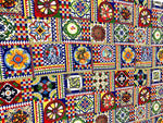 Sicilian Pattern Italian Fabric with colorful geometric and floral tile designs for fashion and home décor.