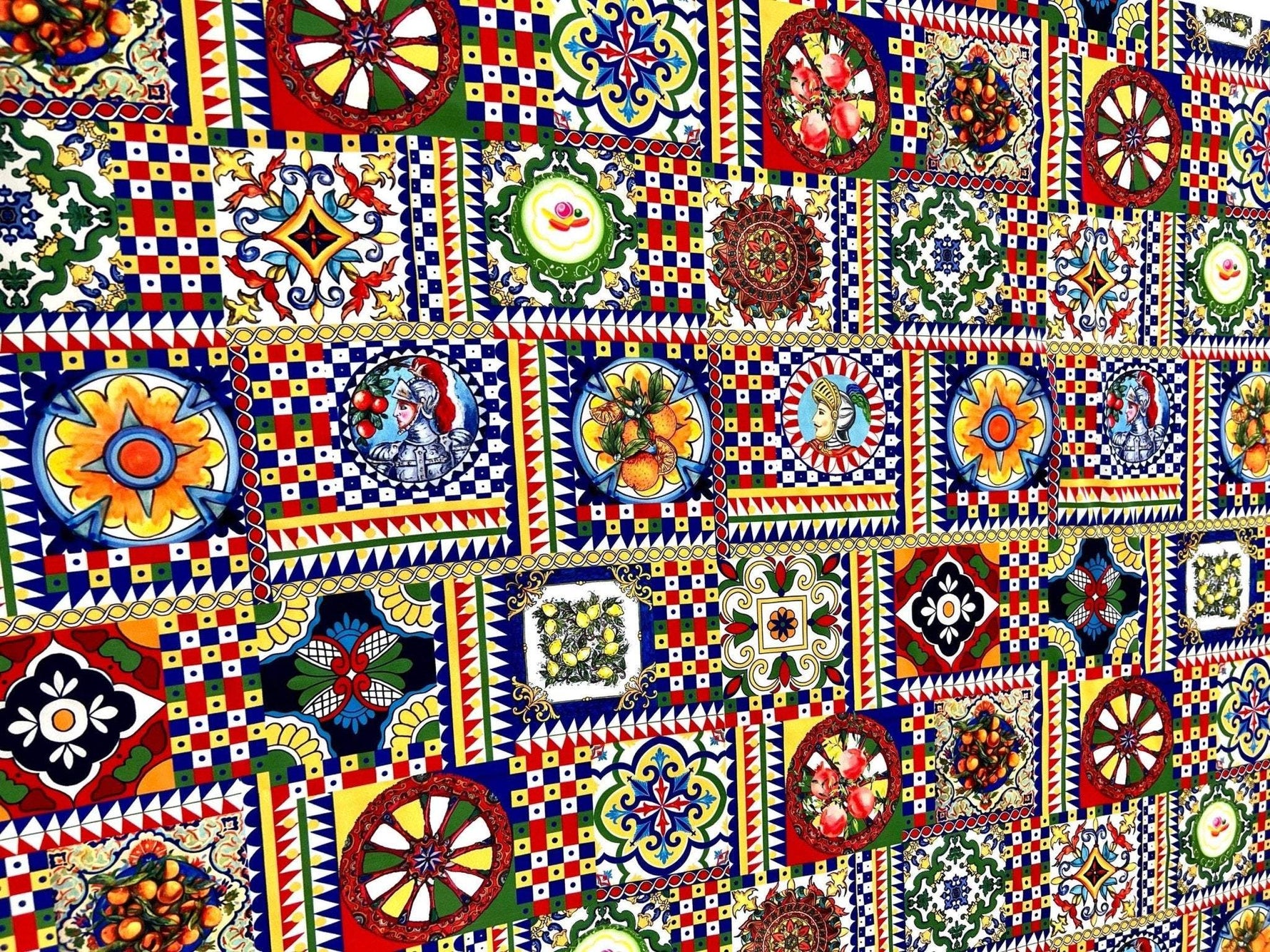 Sicilian Pattern Italian Fabric with colorful geometric and floral tile designs for fashion and home décor.