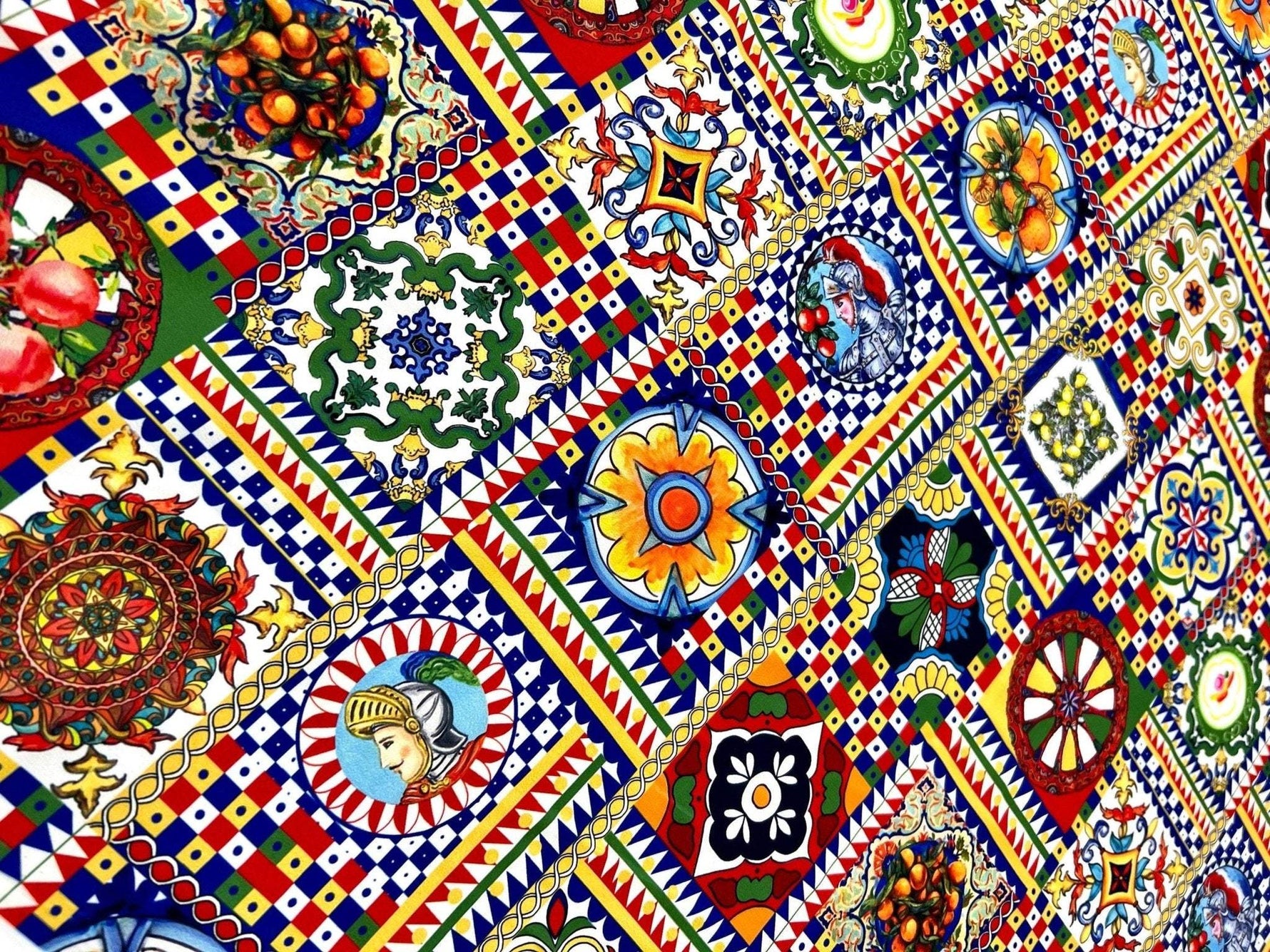Vibrant Sicilian Pattern Italian Fabric with colorful geometric and floral motifs for fashion and home décor projects