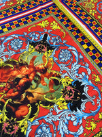 Vibrant Sicilian pattern fabric with red, blue, yellow decorative design and intricate artistic motifs, 150cm width