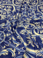 Blue and white Sicilian print fabric with intricate traditional floral and ornamental patterns, soft texture and 150cm width