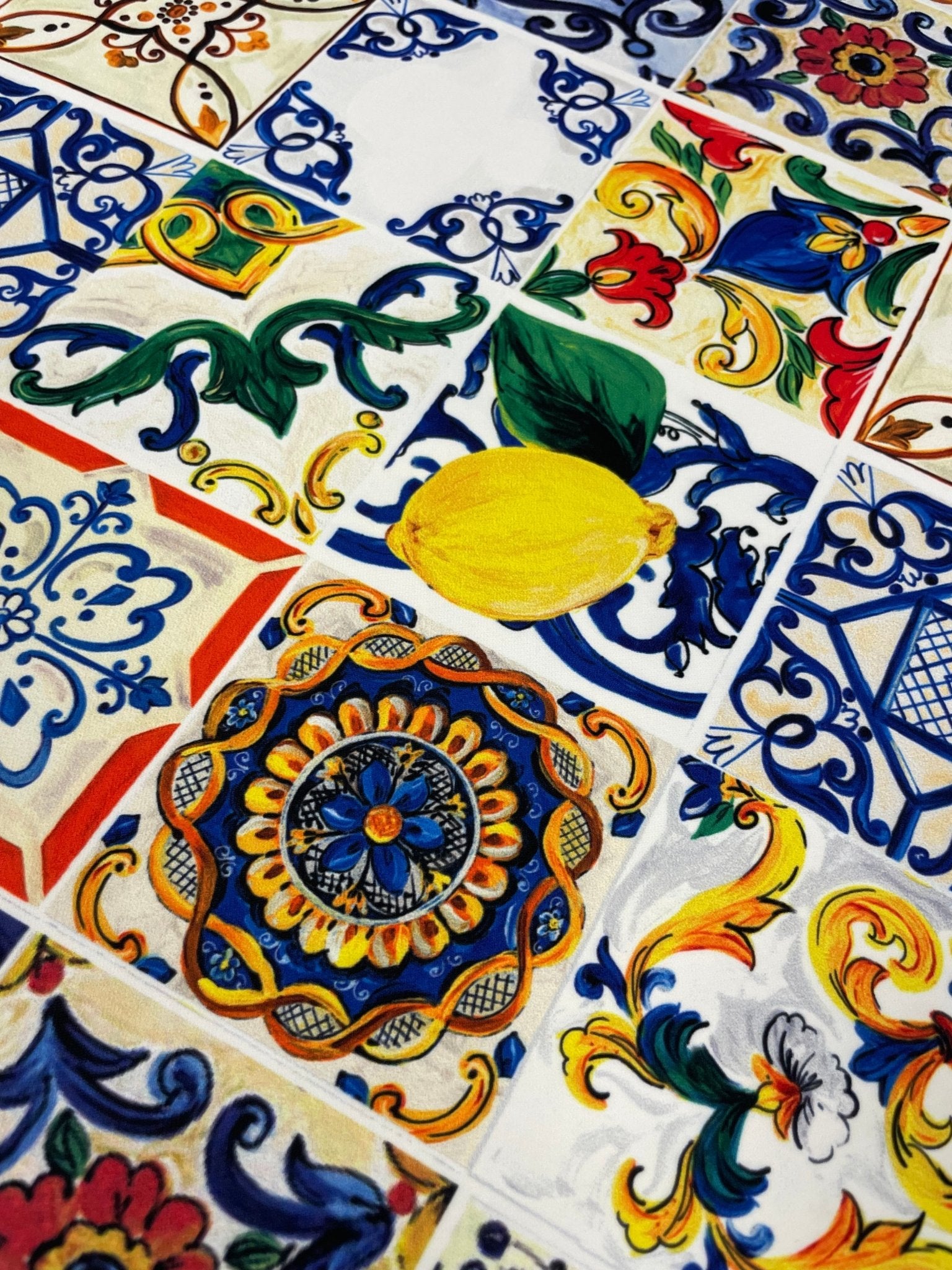 Sicilian Tile & Lemon Print Crepe Fabric by the Metre – Mediterranean Style - Whotex Online Fabric Store