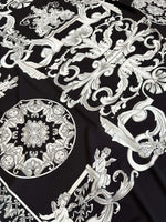 Silver Baroque Black Fabric with intricate silver baroque pattern on black background, 150cm width luxury textile for upholstery and fashion design