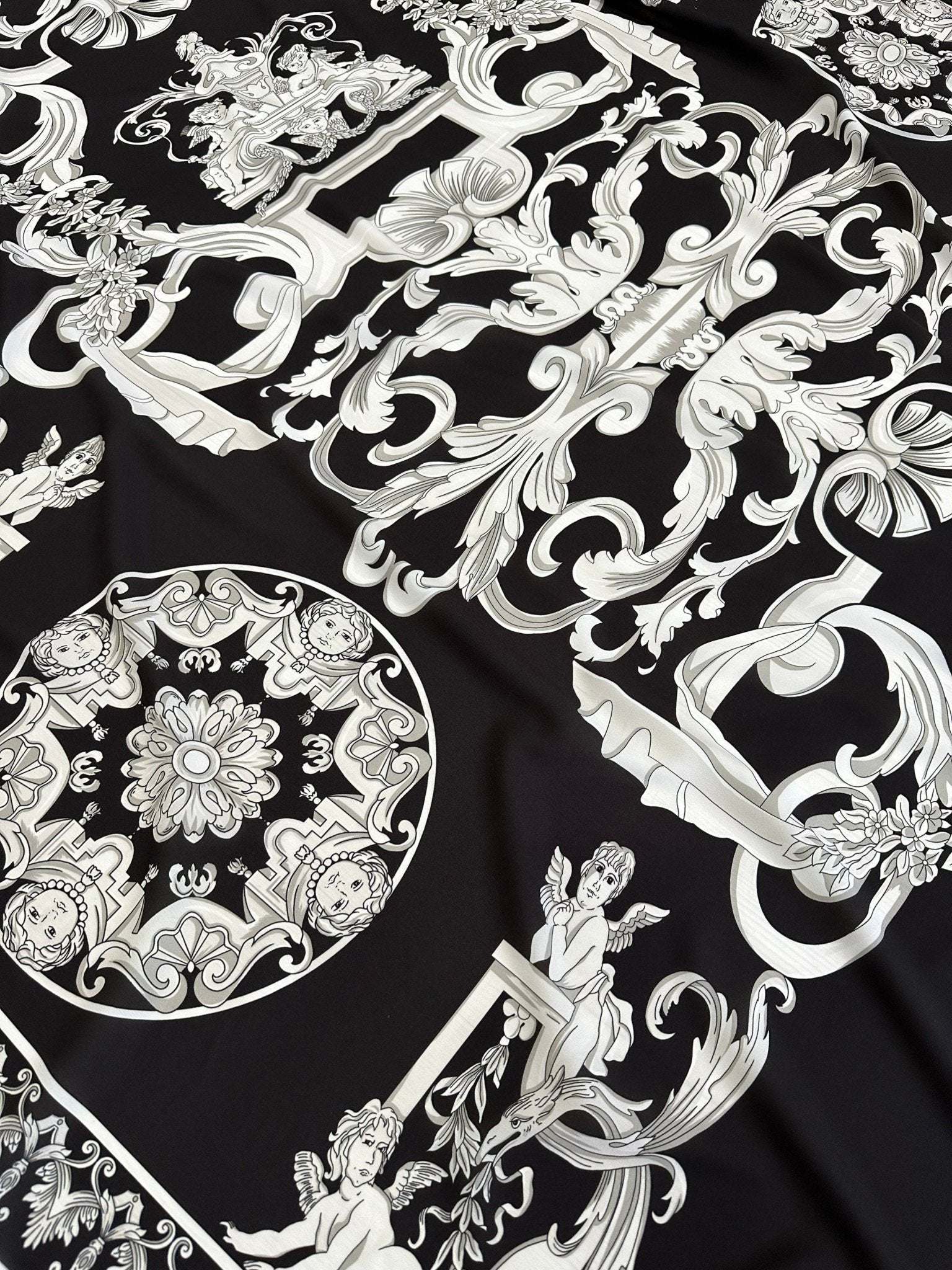 Silver Baroque Black Fabric with intricate silver baroque pattern on black background, 150cm width luxury textile for upholstery and fashion design