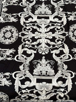 Silver Baroque black fabric with intricate silver baroque pattern ideal for upholstery and fashion projects