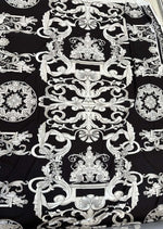 Silver Baroque Black Fabric with intricate silver baroque pattern on black background, 150cm wide luxury textile for upholstery and fashion design