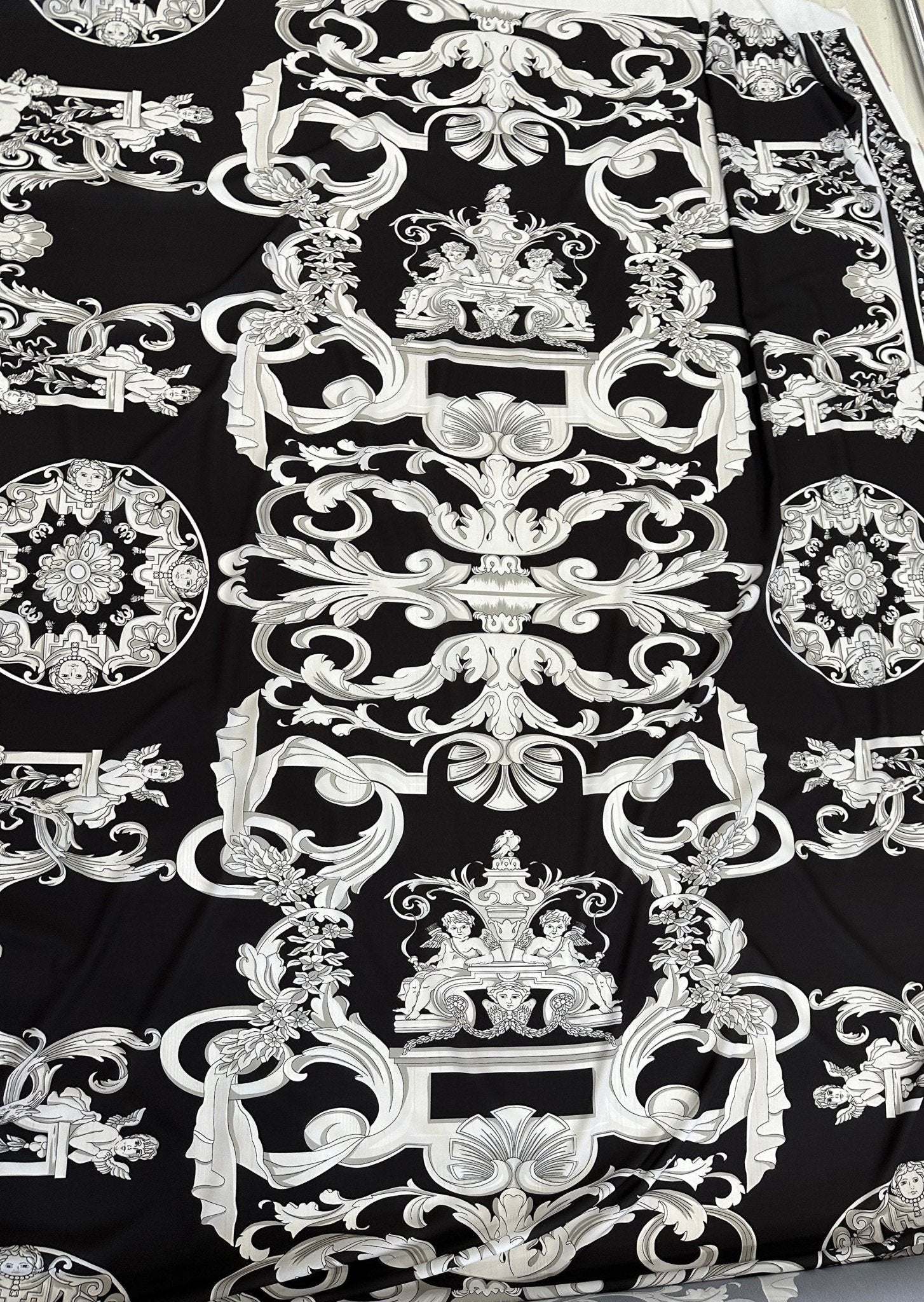 Silver Baroque Black Fabric with intricate silver baroque pattern on black background, 150cm wide luxury textile for upholstery and fashion design