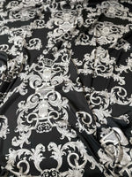 Silver Baroque Fabric with intricate silver baroque pattern on black background, luxurious upholstery and drapery material