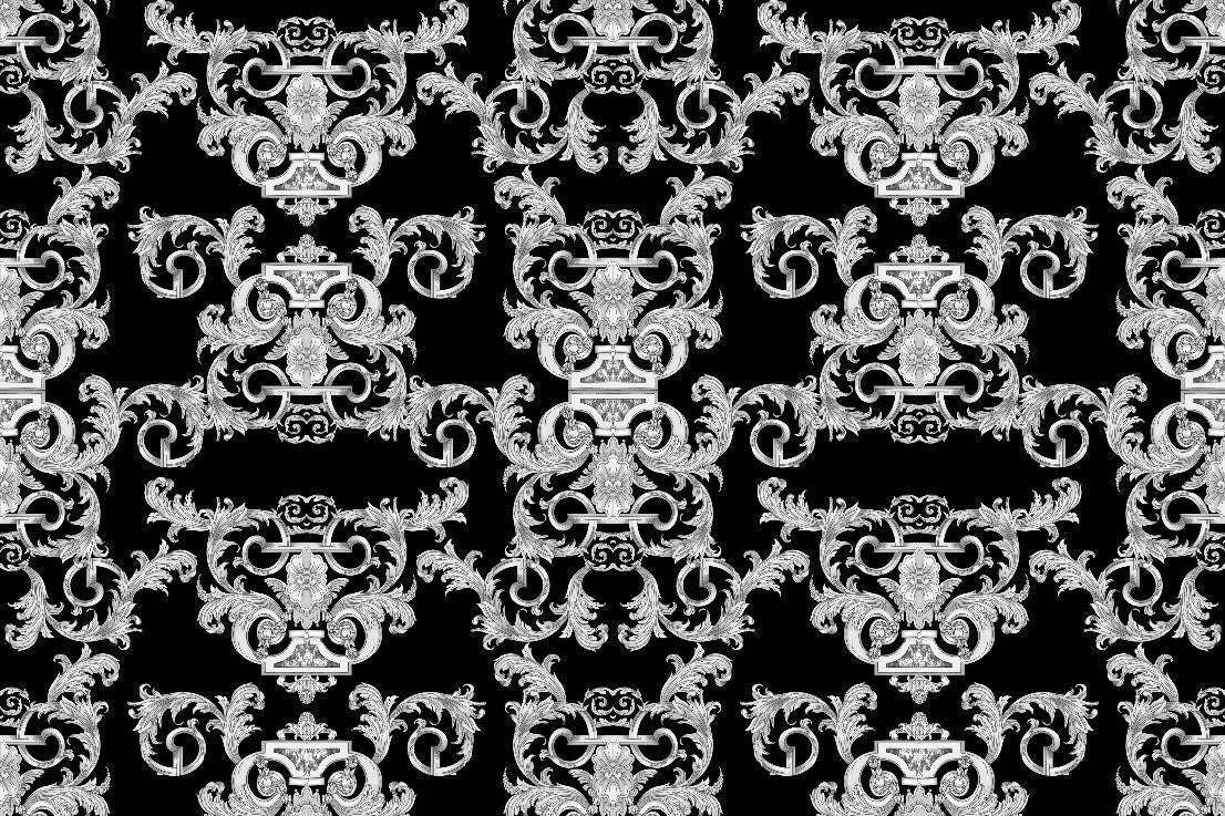 Silver Baroque Fabric with elegant silver baroque pattern on black background, 150cm wide luxury upholstery and drapery material