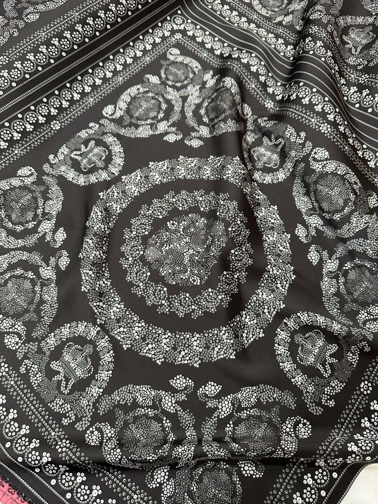 Baroque silver upholstery fabric with intricate Baroque pattern in silver hues, ideal for elegant home decor and upholstery projects