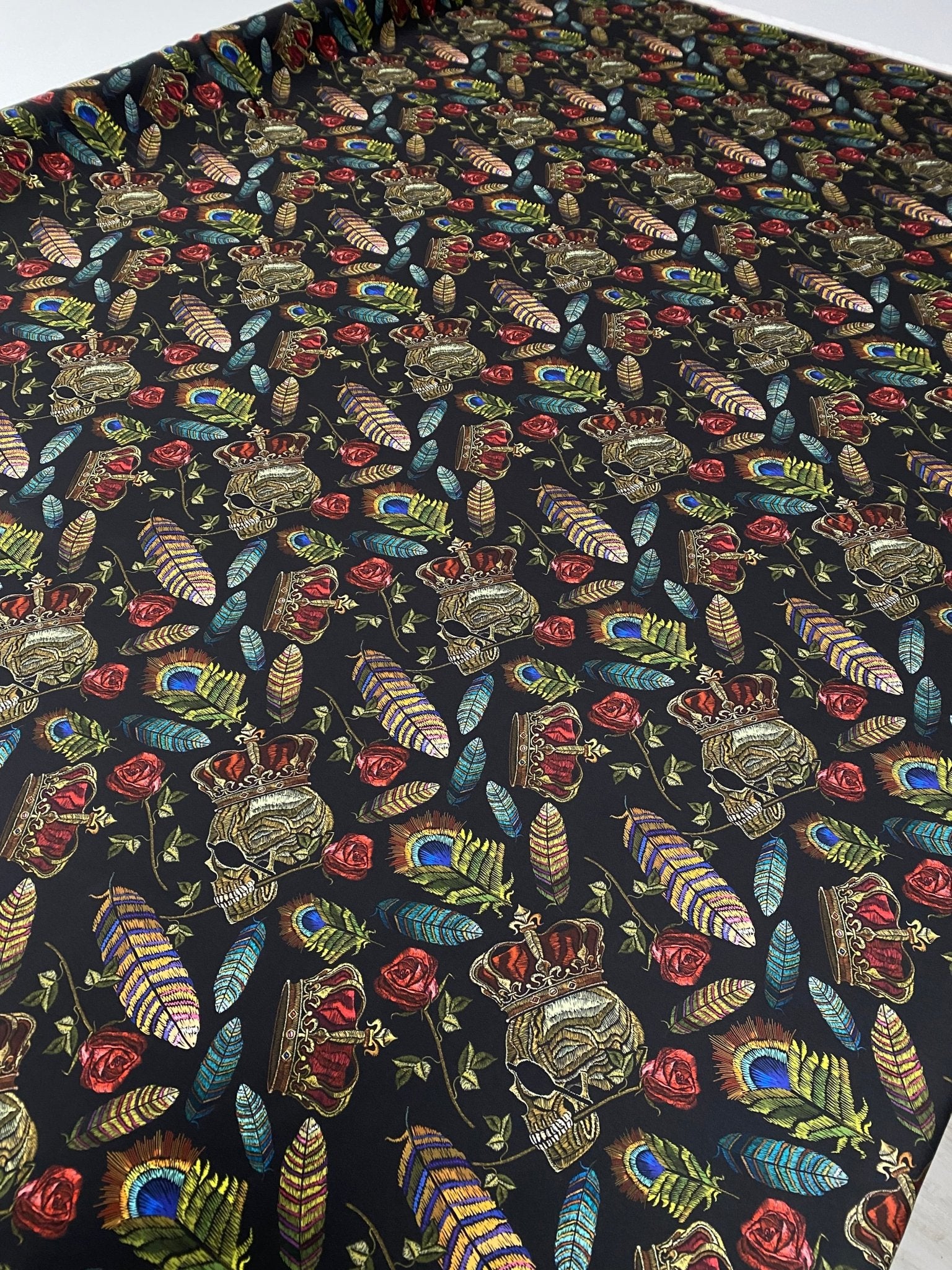Skull & Feather Print Crepe Fabric by the Metre – Edgy Style - Whotex Fabrics London