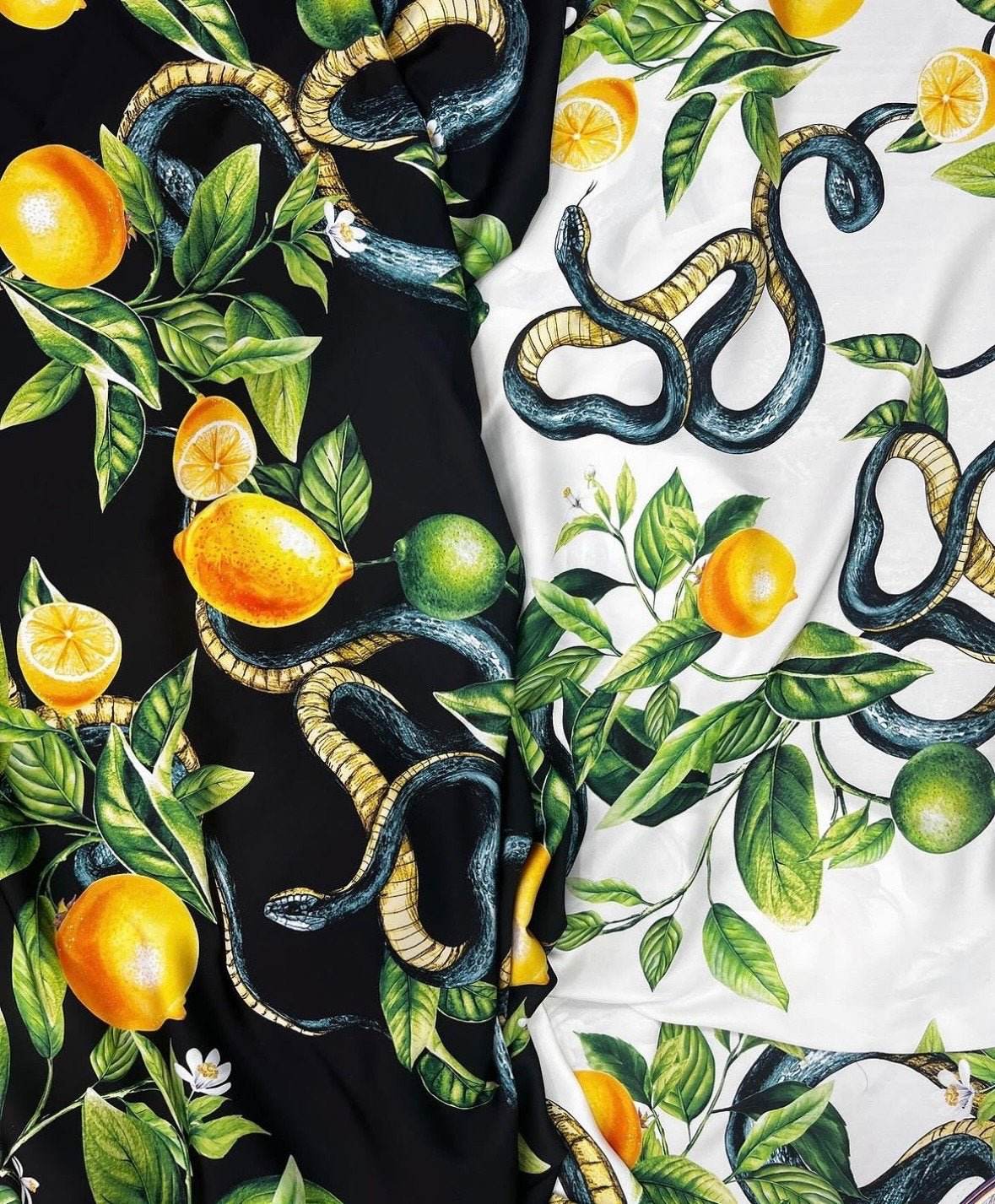 Snake and Lemon Fabric with vibrant lemon and snake print on black and white backgrounds