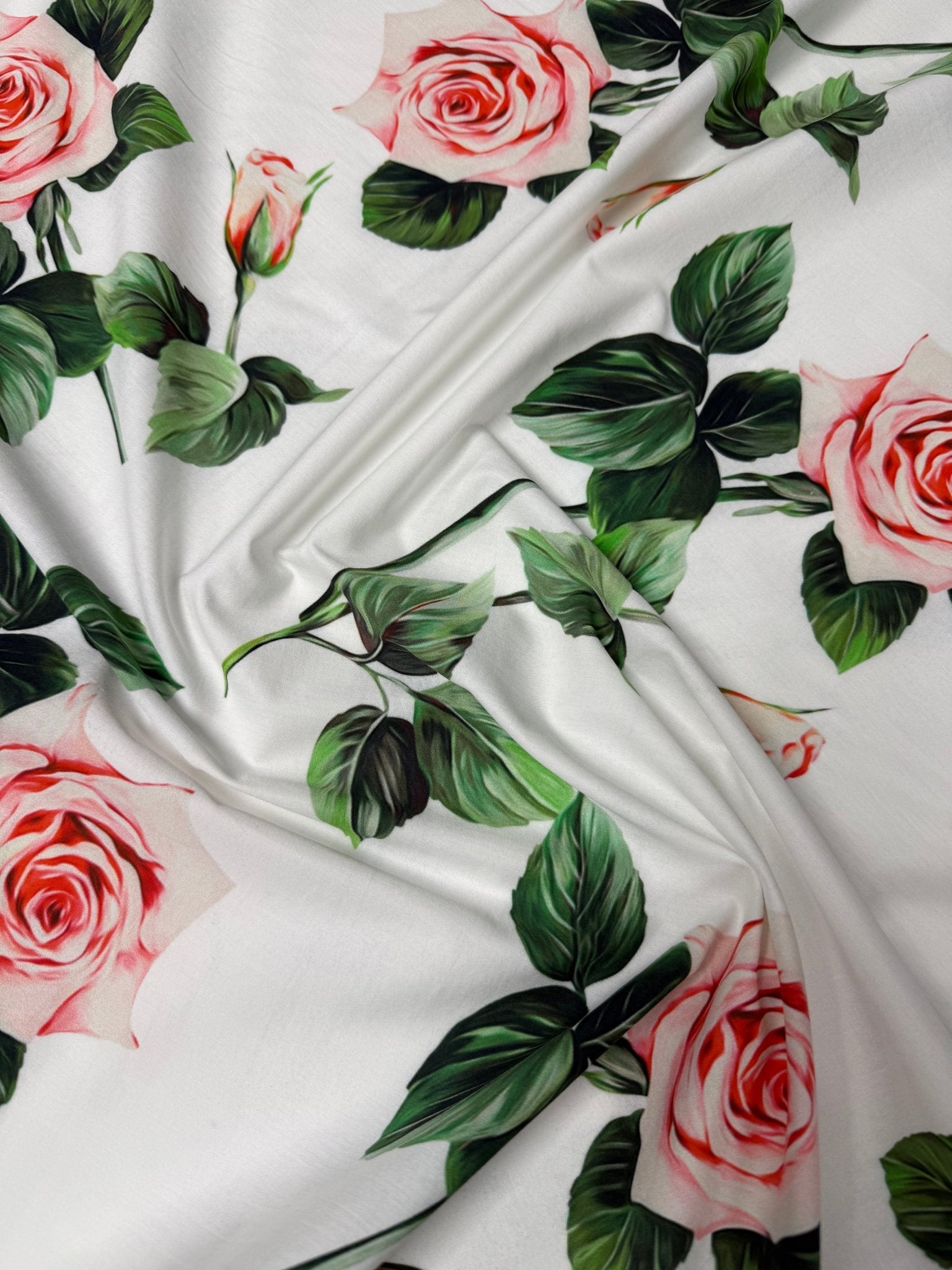 Soft Pink Rose Floral on White Organic Cotton Poplin Fabric by the Metre - Whotex Fabrics London