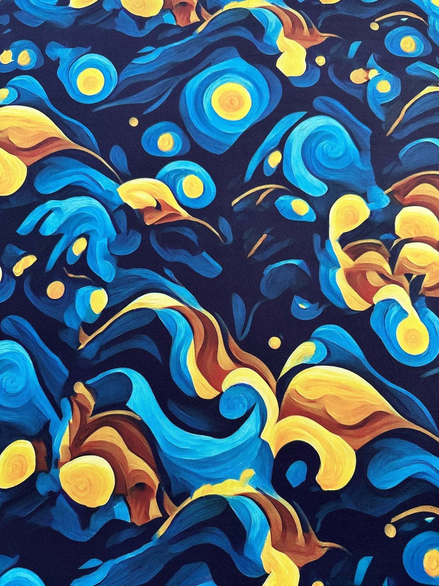 Van Gogh Style Spandex Fabric with vibrant blue and yellow swirling patterns inspired by Van Gogh's artwork