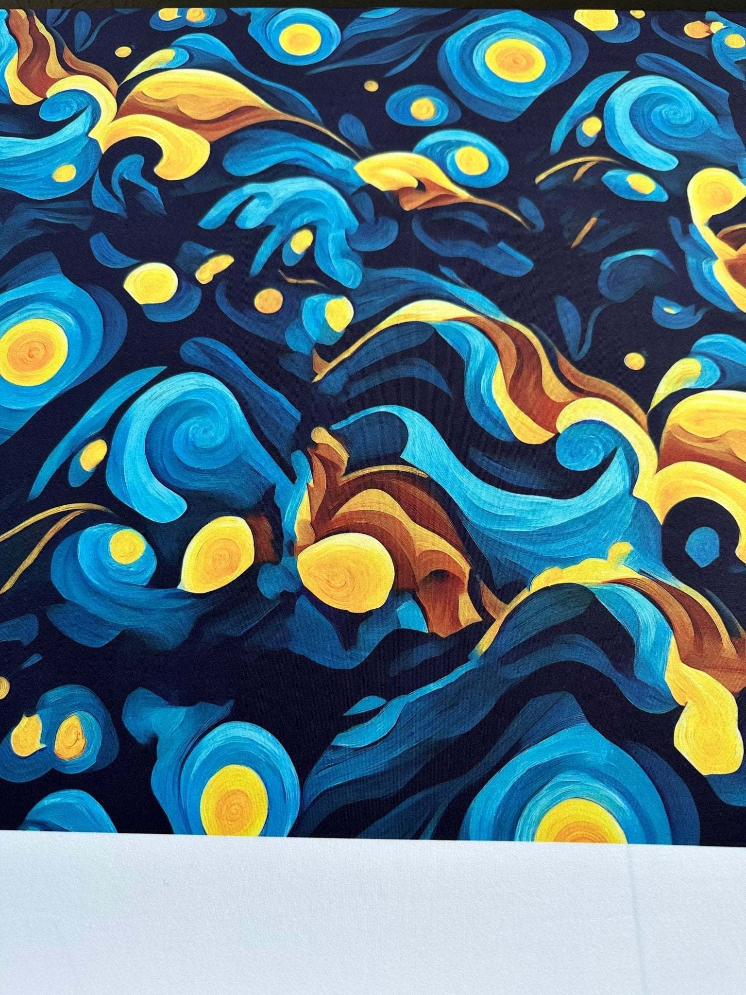 Van Gogh Style Spandex Fabric with vibrant blue, yellow, and brown swirling patterns inspired by Van Gogh's art.