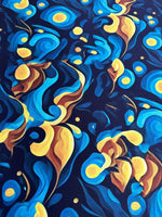 Van Gogh style spandex fabric with vibrant swirling blue and yellow patterns inspired by Van Gogh's artwork